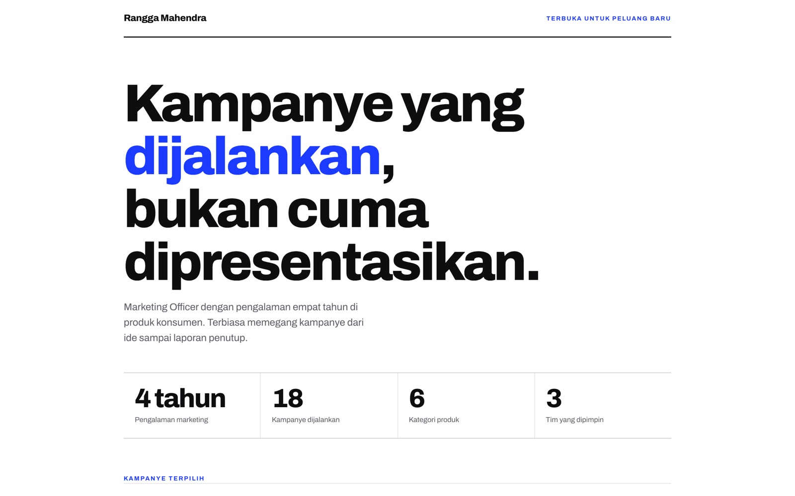 Website portfolio putih dengan angka besar dan daftar kampanye.